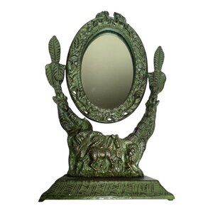 Antique Art Nouveau Safari-Themed Oval Vanity Mirror With Zebra & Giraffe Motif